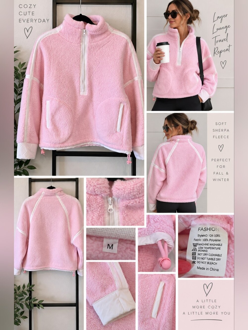 Pink Sherpa Fleece Half Zip Pullover Jacket White Trim Size Medium